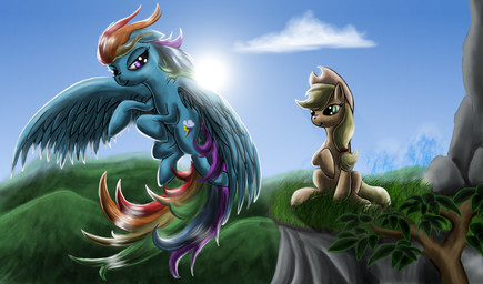 blonde_hair blue_body blue_feathers blue_fur brown_body brown_fur clothing cloud cowboy_hat cutie_mark detailed_background duo eye_contact feathered_wings feathers female feral flying fur green_eyes hair hat headgear headwear looking_at_another mountain multicolored_hair outside purple_eyes quadruped rainbow_hair sitting sky smile sun tail wings leyanor friendship_is_magic hasbro my_little_pony mythology applejack_(mlp) rainbow_dash_(mlp) earth_pony equid equine horse mammal mythological_creature mythological_equine pegasus pony 2012 hi_res