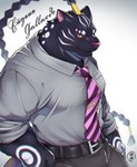 anthro belt biped black_body black_fur bottomwear brown_bottomwear brown_clothing brown_pants clothed clothing dress_shirt facial_markings fur grey_clothing grey_shirt grey_topwear head_markings male markings melanistic necktie pants shirt simple_background solo tie_clip topwear hinami bandai_namco tales_of_(series) tales_of_rebirth eugene_gallardo felid mammal pantherine