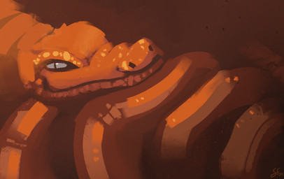 ambiguous_gender coiled_up feral looking_at_viewer orange_body orange_scales pupils scales simple_background slit_pupils smile smiling_at_viewer solo warm_light warm_lighting shufflefur reptile scalie snake