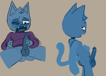 anthro balls blue_body blue_fur blue_glans butt butt_from_the_front clothing darkened_balls darkened_genitalia darkened_penis erection fangs foreskin fur genitals glans glistening glistening_genitalia glistening_glans glistening_penis grey_background hand_on_belly head_tuft leaning leaning_backward looking_at_viewer lying male masturbation nude_anthro on_back one_eye_closed open_mouth partially_retracted_foreskin penis purple_clothing purple_sweater purple_topwear side_view simple_background solo spread_legs spreading standing sweater teeth topwear tuft big-fig turk_(big-fig) domestic_cat felid feline felis mammal