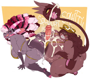 all_fours anthro big_breasts biped bodily_fluids breast_play breasts brown_body brown_hair butt clothing cum cum_on_breasts cum_on_butt female genital_fluids group group_sex hair hot_dogging huge_breasts kneeling male male/female sex simple_background thick_thighs threesome titfuck roly katherine_(appledees) lagomorph mammal hi_res