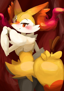 ambiguous_anthro ambiguous_gender anthro arm_tuft biped black_body black_fur blush blush_lines cheek_tuft dipstick_tail eyebrows eyelashes facial_tuft fur inner_ear_fluff looking_at_viewer looking_back looking_back_at_viewer markings multicolored_body multicolored_fur nude_ambiguous nude_anthro object_in_tail orange_body orange_eyes orange_fur orange_nose orange_tail_tip pointy_ears prick_ears raised_eyebrow rear_view shoulder_tuft simple_background smile snout solo standing stick stick_in_tail tail tail_markings three-quarter_view tuft two_tone_tail white_body white_fur yellow_body yellow_fur yellow_tail izon448 nintendo pokemon braixen canid generation_6_pokemon mammal pokemon_(species) 2024 digital_media_(artwork) digital_painting_(artwork) hi_res lineless painting_(artwork) portrait shaded three-quarter_portrait