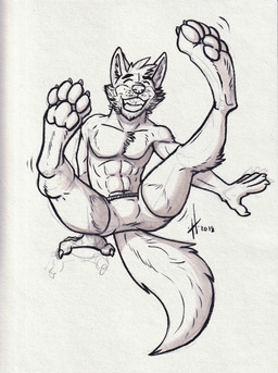 abs anthro bottomwear bulge chest_tuft claws clothed clothing eyes_closed feet finger_claws foot_focus front_view grin leg_tuft male male_anthro muscular muscular_anthro muscular_male pawpads pecs simple_background smile solo tail toe_claws topless tuft hufnaar canid canine mammal 2018 dated hi_res monochrome sketch