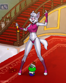 alcohol anthro beverage blush clothed clothing drunk female fur gesture hand_gesture inside knight_armor middle_finger palace pink_outfit skimpy solo spilled_drink spilling_drink stairs stairwell substance_intoxication thong toy underwear white_body white_fur diacordst paw_patrol sweetie_(paw_patrol) amphibian canid canine canis domestic_dog frog hunting_dog mammal terrier west_highland_white_terrier 2025 4:5 absurd_res hi_res
