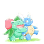 ambiguous_gender belly blue_body blush blush_lines claws duo fangs feral green_body hug leaf plant shell simple_background teeth white_background kinakomocheeni nintendo pokemon elemental_creature flora_fauna generation_1_pokemon ivysaur pokemon_(species) wartortle 1:1 hi_res