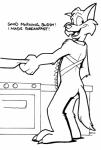 apron back_focus breakfast butt clothing cooking dialogue nude solo text cirruskitfox hanna-barbera swat_kats jake_clawson domestic_cat felid feline felis mammal black_and_white english_text hi_res monochrome