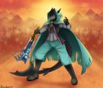 anthro biped cloak clothing glowing grey_body grey_skin holding_melee_weapon holding_object holding_sword holding_weapon male melee_weapon mountain outside sand smile solo standing sun sword weapon yellow_eyes eliana-asato dust:_an_elysian_tail ahrah dust_(elysian_tail) fish marine shark 2014