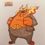 2018 2_fingers alternate_color anthro biped bottomless clothed clothing emboar english_text eye_markings eyebrows facial_hair facial_markings fakemon featureless_crotch featureless_feet feet fingers fire firefightdex flaming_hair flaming_mane front_view frown full-length_portrait generation_5_pokemon goatee grey_body grey_markings head_markings hi_res jacket leg_markings male mammal marco_fanjul marker_(artwork) markings mixed_media multicolored_body nintendo open_clothing open_jacket open_topwear orange_body overweight overweight_anthro overweight_male pen_(artwork) pig_nose pokemon pokemon_(species) portrait pseudo_clothing pseudo_hair pseudo_mane red_body red_eyes red_nose shadow simple_background socks_(marking) solo standing suina text toony topwear traditional_media_(artwork) tusks unibrow white_background yellow_body yellow_markings