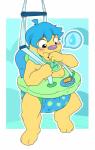 anthro baby baby_bouncer bib blue_body blue_fur blue_hair clothed clothing diaper fur hair multicolored_body multicolored_fur pattern_diaper print_bib solo stuck text_on_bib text_print two_tone_body two_tone_fur wearing_diaper worried yellow_body yellow_fur young young_anthro bubblepuppers bubblegum_(bubblepuppers) canid canine canis domestic_dog mammal absurd_res hi_res