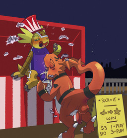 all_fours anus backsack balls belly bodily_fluids carnival_game clothing competition deep_throat genital_fluids genitals hammer hat headgear headwear horn humanoid_genitalia humanoid_penis humor male male/male oral oral_penetration outside peeing peeing_inside penetration penis plushie saliva sex sexual_competition sign sky star starry_sky text tools top_hat urine urine_inflation watersports yellow_body argon_vile bandai_namco digimon armadillomon digimon_(species) guilmon hawkmon hi_res