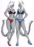 anthro breasts cleavage clothed clothing duo female footwear hair high_heels navel shoes simple_background white_background white_hair divinekitten angelica_(allmostpure) lilith_(allmostpure) domestic_cat felid feline felis mammal russian_blue absurd_res hi_res incest_(lore) sibling_(lore) sister_(lore)