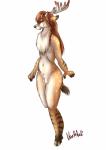 anthro antlers genitals hooves horn male navel nude penis solo stripes kaeaskavi deer mammal hi_res