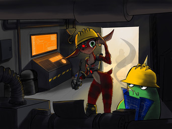 ambiguous_gender anthro armor biped blueprint cigarette countershade_torso countershading cybernetic_arm cybernetic_eye cybernetic_leg cybernetic_limb cybernetics detailed_background eyelashes eyestalks feral fur green_body green_eyes group hard_hat headgear helmet limbless looking_at_another machine operating_table red_body red_fur short_tail silhouette smoking smoking_cigarette spikes spikes_(anatomy) tail c-yo electronic_arts maxis_(ea) spore_(game) alien grox_(spore) knot_the_grawx payer 2022 digital_drawing_(artwork) digital_media_(artwork) hi_res