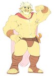 anthro armpit_hair body_hair bulge cape clothed clothing facial_hair flexing fur hair jockstrap looking_at_viewer male melee_weapon muscular muscular_anthro muscular_male partially_clothed smile solo sword underwear weapon white_hair yellow_body yellow_fur mtraon bovid bovine cattle mammal hi_res