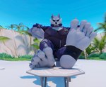 5_toes anthro big_feet clothed clothing feet feet_up foot_fetish foot_focus furniture huge_feet hyper hyper_feet male outside sitting soles solo stirrups table toes samthemann dislyte lilith_games freddy_(dislyte) canid canine canis mammal wolf 3d_(artwork) digital_media_(artwork) hi_res