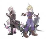 armor blonde_hair buster_sword feral hair holding_object holding_pokeball long_hair male melee_weapon pokeball premier_ball sword ultra_ball weapon white_hair renx final_fantasy final_fantasy_vii nintendo pokemon square_enix cloud_strife sephiroth_(final_fantasy_vii) eeveelution espeon generation_2_pokemon human mammal pokemon_(species) umbreon crossover