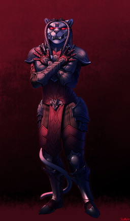 anthro armor braided_hair claws crossed_arms fangs female fur glowing glowing_eyes grin grinning_at_viewer hair jewelry leather leather_armor red_eyes smile smiling_at_viewer solo tail tail_down teeth white_body white_fur conditional_dnp ratte microsoft the_elder_scrolls the_elder_scrolls_online zenimax_online_studios dra'ni felid khajiit mammal vampire 2024 absurd_res hi_res