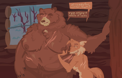 anthro body_worship breasts cabin claws dialogue duo eye_scar face_in_breasts facial_scar female female/female finger_claws fluffy holding_breast middle_aged nude overweight overweight_female scar scars_all_over size_difference snow speech_bubble weight_difference window winter sinnerish bear canid canine fox mammal hi_res