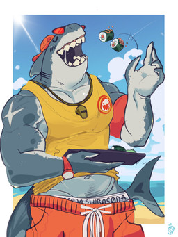 anthro armband backwards_baseball_cap backwards_hat baseball_cap beach clock clothing eating eating_food eyes_closed eyewear eyewear_on_head food grey_body hat headgear headwear holding_object male open_mouth sea seaside shirt solo sunglasses sunglasses_on_head sushi swimming_trunks swimwear tail tank_top teeth teeth_showing topwear underwear underwear_under_swimwear watch water wearing_sunglasses whistle_(object) whistle_around_neck yellow_clothing shibas0da epic_games fortnite safety_first_steve_(fortnite) aquatic fish shark 3:4 hi_res