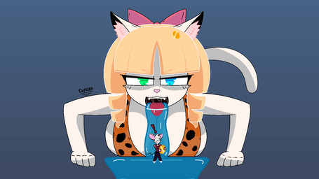 accessory anthro big_breasts blonde_hair blue_bottomwear blue_clothing blue_eyes blue_pants bodily_fluids bottomwear bow_ribbon breasts cleavage clothed clothed_anthro clothed_female clothed_male clothing drooling duo excessive_saliva exclamation_point female fur green_eyes hair hair_accessory hair_bow hair_ribbon heterochromia inner_ear_fluff larger_female leopard_print_clothing lying male on_front open_mouth pants pink_bow red_clothing red_shirt red_topwear ribbons saliva shirt simple_background size_difference smaller_male tail tail_motion tailwag teeth text tongue tongue_out topwear tuft white_body white_fur castigo domestic_cat felid feline felis mammal mouse murid murine rodent 2026 animated artist_name hi_res