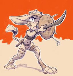 4_toes anthro arrow_(weapon) arrowhead bandage bandaged_foot bandaged_leg bandeau barefoot belt big_ears biped black_eyebrows black_eyes black_tail_tuft black_tuft bodily_fluids bottomless bottomless_anthro bottomless_female bracelet casual_exposure claws clothed clothed_anthro clothed_female clothing digitigrade eyebrows featureless_crotch feet female female_anthro fighting_pose flat_chested front_view fur grey_bandeau grey_clothing grey_text grey_topwear holding_melee_weapon holding_object holding_shield holding_sword holding_weapon iris jewelry melee_weapon navel one_eye_obstructed open_mouth orange_background outline pawpads pink_nose pink_pawpads pose pupils ranged_weapon scabbard shield simple_background slim slim_anthro slim_female solo standing sweat sweatdrop sword tail tail_tuft tan_background tan_belt tan_body tan_bracelet tan_claws tan_fur tan_tail tan_tail_tuft tan_tuft teeth text toe_claws toes topwear tribal tribal_clothing tuft weapon white_outline white_pupils white_sclera animancer luck_(animancer) dipodid jerboa mammal rodent 2025 artist_name dated english_description full-length_portrait hi_res portrait shaded