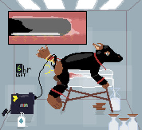anatomically_correct anatomically_correct_genitalia anthro bdsm bodily_fluids bondage bound breeding_stand clothing crying electricity electrojac filling_container floofpaws forced genitals internal knot laboratory latex latex_clothing latex_skinsuit lube lube_bottle lube_drip lube_in_ass male penile penis_milking rape sad sex skinsuit solo tail tears tight_clothing uncontrolled_orgasm canid canine mammal digital_media_(artwork) hi_res pixel_(artwork)