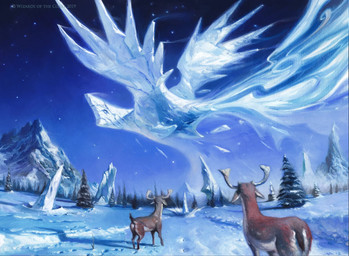antlers detailed_background feral flying group horn ice looking_up mountain night outside plant snow star tail tree wings victor_adame_minguez hasbro magic:_the_gathering wizards_of_the_coast avian deer elemental_creature ice_creature mammal mineral_fauna 2018 hi_res official_art traditional_media_(artwork)