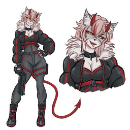 anthro boots clothing coat female footwear fur gun hair horn jacket ranged_weapon red_hair sharp_teeth shoes simple_background solo spade_tail straps tail teeth tongue tongue_out topwear weapon white_background koto_art diane_hellish demon felid feline mammal absurd_res hi_res