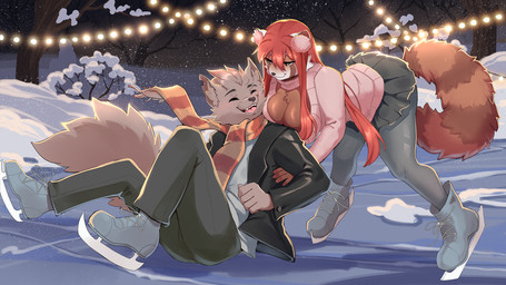 anthro big_breasts blush bottomwear breasts clothing duo earmuffs eyes_closed female fluffy fluffy_tail footwear fur grey_body grey_fur hair happy holding_partner ice_rink ice_skates ice_skating jacket laugh legwear long_hair male male/female markings neckline night outside pants pantyhose romantic romantic_ambiance romantic_couple scarf shirt sitting sitting_on_ground skirt smile smiling_at_another smiling_at_partner snow string_lights striped_body striped_fur striped_markings striped_tail stripes sweater tail tail_markings topwear winter detectiveneko furlough_games sex_and_the_furry_titty fred_(furlough_games) kira_(furlough_games) ailurid canid canine canis mammal red_panda wolf 16:9 hi_res widescreen