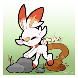 anthro blush border cotton_tail efro embarrassed eyes_closed feces feces_pile female female_pooping genitals gradient_background plump_labia pooping pooping_on_floor raised_leg rock simple_background solo text tremble_spikes vulva white_border fairyfudge nintendo pokemon generation_8_pokemon pokemon_(species) scorbunny 1:1 artist_name digital_media_(artwork) hi_res