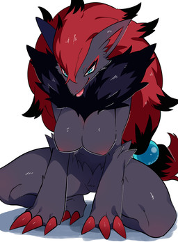3_fingers anthro areola biped blue_eyes breasts claws feet female finger_claws fingers front_view fur grey_body grey_fur hair looking_at_viewer nipples nude nude_anthro nude_female red_hair smile solo toe_claws toes tongue tongue_out white_body lolobot nintendo pokemon generation_5_pokemon pokemon_(species) zoroark 2025 digital_drawing_(artwork) digital_media_(artwork) hi_res