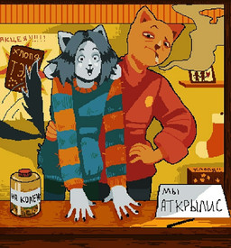 anthro cigarette clothed clothing colored_nails duo footwear fur hair legwear male nails orange_body orange_fur smoking socks text white_body white_fur undertale undertale_(series) burgerpants temmie_(undertale) domestic_cat felid feline felis mammal monster tem russian_text
