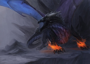 4_fingers ambiguous_gender black_body black_scales blue_eyes cave claws countershading crouching detailed_background elemental_manipulation feral fingers fire fire_manipulation glowing glowing_eyes grey_horn horn looking_back membrane_(anatomy) membranous_wings mountain no_pupils outside purple_body purple_countershading purple_scales purple_skin roaring scales sharp_teeth solo spread_wings standing tail teeth underbite wing_claws wings allagar european_mythology mythology dragon mythological_creature mythological_scalie scalie western_dragon absurd_res hi_res