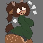 anthro big_breasts blush bodily_fluids bottomwear breasts bulge clothing gynomorph hair intersex lactating nervous ponytail shorts simple_background solo steam sweater thick_thighs topwear wide_waist braindeadkara mocha_(braindeadkara) deer humanoid mammal 1:1 hi_res