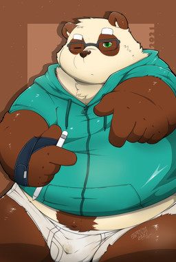 anthro belly big_belly briefs brown_body brown_fur bulge clothing cum_stain eyewear fur gesture glasses green_eyes hand_gesture hoodie humanoid_hands kemono male one_eye_closed overweight overweight_anthro overweight_male pointing solo tighty_whities topwear underwear white_briefs white_clothing white_underwear wink 96panda bear giant_panda mammal 2021 hi_res