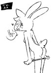 anthro anus black_line_art blush blush_lines breasts buckteeth butt clothing emanata eyelashes female fingers flash_emanata freckled_face freckles frown fur hair long_ears looking_at_viewer looking_back looking_back_at_viewer nude open_frown open_mouth panties putting_on_clothes putting_on_underwear rear_view scut_tail short_tail simple_background snout solo speech_bubble standing tail teeth text three-quarter_view underwear white_background the_weaver angel_hare the_east_patch angel_gabby angel_hare_(the_east_patch) lagomorph leporid mammal rabbit 2025 black_and_white digital_media_(artwork) english_text monochrome portrait sketch three-quarter_portrait