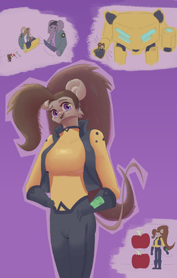 anthro apple big_breasts black_clothing black_gloves black_handwear black_topwear black_vest breasts brown_hair clothing female food fruit fur gloves group hair handwear long_hair machine male mecha meka_mouse pilot plant ponytail size_difference skinsuit suit superhero superhero_costume tail tight_clothing topwear vest white_body white_fur yellow_clothing yellow_suit yomi_(artist) bovid caprine elephant elephantid goat mammal mouse murid murine proboscidean rodent hi_res