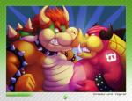 2016 4_fingers abstract_background absurd_res angry anthro belly_bump blue_background border bowser bowser's_inside_story bracelet collar domestic_pig duo english_text eye_contact fingers hair hand_on_belly hi_res horn jewelry koopa looking_at_another male mammal mario_and_luigi_(series) mario_bros midbus nintendo orange_body orange_scales overweight pink_body red_eyes red_hair scales scalie sharp_teeth simple_background spiked_bracelet spiked_collar spikes standing suid suina sus_(pig) teeth text the-b3ing