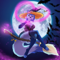 anthro blue_body blue_hair bottomwear broom broom_riding butt cleaning_tool clothing crossed_legs dipstick_tail female gloves_(marking) hair hat headgear headwear heart_symbol holidays leg_markings light looking_down magic markings moonlight panties short_hair skirt socks_(marking) solo tail tail_markings underwear witch_hat yellow_eyes belassa halloween night_star_(wolf) ambient_bat canid canine canis mammal wolf absurd_res hi_res