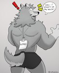 anthro back_muscles bar_emanata biped bottomwear butt clothing dialogue emanata exclamation_point eyebrows fur furgonomic_bottomwear furgonomic_underwear furgonomics grey_background grey_body grey_fur male muscular muscular_anthro muscular_male open_mouth simple_background solo speech_bubble standing tail talking_to_another teeth text underwear ruffusbleu ruffus_(ruffusbleu) canid canine canis mammal wolf himbo 2022 digital_media_(artwork) english_text hi_res