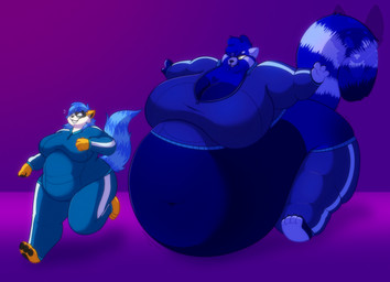 4_claws 4_fingers 4_toes anthro barefoot belly belly_expansion belly_grab belly_size_difference big_belly big_breasts big_butt biped black_eyewear black_glasses black_inner_ear black_markings black_pawpads blue_body blue_bottomwear blue_claws blue_clothing blue_countershading blue_fur blue_hair blue_nose blue_pants blue_stripes blue_tail blue_topwear blue_tracksuit blue_tuft blueberry_inflation bodily_fluids bottomwear breast_expansion breast_size_difference breasts bubble_gum butt chasing cheek_tuft chest_markings chewing_gum chubby_cheeks claws cleavage clothed clothed_anthro clothed_female clothing cosplay countershade_face countershade_feet countershade_fur countershade_hands countershade_torso countershading curly_hair duo emanata expansion eyebrows eyelashes eyewear facial_markings facial_tuft fat_arms feet female female_anthro finger_claws fingers fluffy fluffy_tail flying_sweatdrops fur fur_tuft glasses green_eyes hair head_markings heart_(marking) huge_belly huge_breasts huge_butt huge_thighs hyper hyper_belly inflation inner_ear_fluff larger_anthro larger_female markings mask_(marking) midriff morbidly_obese morbidly_obese_anthro morbidly_obese_female navel obese obese_anthro obese_female orange_body orange_fur overweight overweight_anthro overweight_female pants pawpads purple_background rectangular_glasses running simple_background size_difference smaller_anthro smaller_female striped_hair striped_markings striped_tail stripes sweat sweatdrop tail tail_markings tear_(marking) thick_thighs thigh_expansion toe_claws toes topwear tracksuit tuft white_body white_countershading white_ears white_emanata white_eyebrows white_inner_ear_fluff white_markings white_stripes zipper strawberrymilkdog charlie_and_the_chocolate_factory cherry_jubilee_(strawberrymilkdog) glowie_(doughieglowie) violet_beauregarde ailurid mammal procyonid raccoon red_panda 2023 colored hi_res shaded
