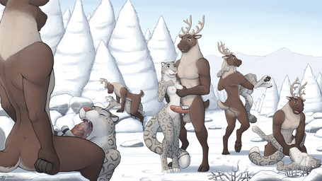 anthro anthro_on_anthro anthro_penetrated anthro_penetrating anthro_penetrating_anthro antlers balls breasts brown_body brown_fur butt detailed_background digitigrade feet female female_anthro female_penetrated fur genitals group group_nudity group_sex hooves horn interspecies larger_male male male/female male_anthro male_penetrating male_penetrating_female nipples nude oral_invitation orgy outdoor_nudity outside outside_sex pawpads paws penetration penis plant sex size_difference smaller_female snow soles toes tree underhoof unguligrade winter jishinu cervine deer felid feline mammal pantherine snow_leopard 16:9 2023 hi_res widescreen