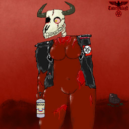 alcohol anthro armband beverage black_clothing black_jacket black_topwear blood blood_from_eye blood_from_wound bloodshot_eyes bodily_fluids bone bottle bottomless breasts clothed clothing container cross detailed_background digit_ring female finger_ring fingers genitals gore hand_behind_back holding_bottle holding_container holding_object horn iron_cross jacket jacket_only jewelry leather leather_clothing leather_jacket leather_topwear missing_eye navel occult_symbol open_clothing open_jacket open_topwear red_armband red_body red_skin skull skull_head solo symbol teeth text thick_thighs topwear topwear_only torn_clothing torn_jacket vodka vulva wide_hips wounded yellow_eyes toterzyklon bovid demon mammal 1:1 artist_name english_text hi_res