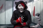 anthro clothed clothing ear_piercing green_eyes hair hand_wraps hoodie locker_room male piercing red_hair sitting solo stripes text topwear wrappings wraps keumano finnian_ennis felid hybrid mammal pantherine tiger english_text