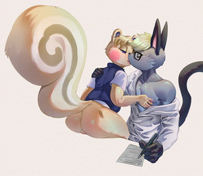 anthro anthro_on_anthro backsack balls big_butt big_tail bite_mark blonde_hair bottomless bottomless_anthro bottomless_male bruised butt chest_tuft clothed clothing distracted duo eyes_closed eyewear femboy/femboy french_kissing genitals glasses hair hand_on_shoulder hickey holding_object holding_pen interspecies intimate kissing male male/male monotone_background nipple_grab nipples off_shoulder paper pecs pen romantic simple_background sitting tail topwear topwear_down topwear_only tuft white_background working writing_on_paper polarissketches animal_crossing nintendo marshal_(animal_crossing) raymond_(animal_crossing) domestic_cat felid feline felis mammal rodent sciurid tree_squirrel 2025