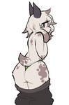 anthro big_butt blush bottomwear bottomwear_down butt clothed clothing eyebrows femboy floppy_ears fluffy hair horn long_ears long_hair looking_back male messy_hair multicolored_body pants pants_down partially_clothed presenting presenting_hindquarters sagging_pants scut_tail short_tail simple_background solo sweatpants tail thick_eyebrows thick_thighs thong two_tone_body underwear undressing wide_hips clementyne avery_(clementyne) bovid caprine goat mammal 2021 aliasing digital_media_(artwork)