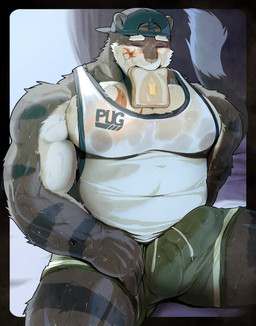 anthro backwards_baseball_cap backwards_hat barazoku baseball_cap big_bulge big_muscles big_pecs bread bulge clothed clothing detailed_bulge erection food furgonomic_headwear furgonomics genitals hair hair_through_hat hat headgear headwear huge_bulge huge_pecs huge_thighs male manly muscular muscular_anthro muscular_arms muscular_legs muscular_male muscular_thighs pecs penis solo thick_arms thick_penis thick_thighs vo7gu46xduh36 canid canine mammal hi_res