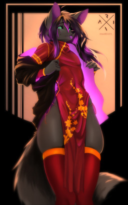 anthro asian_clothing black_hair black_sclera blep chinese_clothing chinese_dress cloak clothed clothing dress east_asian_clothing femboy fluffy fluffy_tail front_view fur glowing glowing_clothing glowing_eyes green_eyes grey_body grey_fur hair legwear long_hair male multicolored_hair pose pupils purple_hair simple_background solo squish standing tail thick_thighs thigh_highs thigh_squish tongue tongue_out two_tone_hair undressing undressing_self unusual_pupils notravi quirin62 canid canine fox mammal red_fox silver_fox true_fox absurd_res hi_res pinup