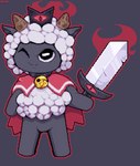 anthro bell black_body cape clothing fur grey_background horn male melee_weapon neck_bell red_cape red_clothing simple_background solo standing sword weapon wool_(fur) onojeff cult_of_the_lamb massive_monster_(studio) lamb_(cult_of_the_lamb) red_crown_(cult_of_the_lamb) bovid caprine mammal sheep absurd_res digital_media_(artwork) hi_res pixel_(artwork) signature