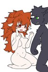 amber_eyes anthro arm_tuft bangs big_breasts big_hair black_nose bodily_fluids breasts cheek_tuft clenched_teeth duo facial_tuft female fist flesh_fang fur green_eyes grey_body grey_fur hair humanoid_pointy_ears imminent_transformation kemono kneeling long_hair looking_at_hand looking_at_own_hand looking_at_own_hands male narrowed_eyes navel open_mouth orange_hair pointy_ears simple_background tan_body tan_skin tears teeth tuft white_background pizademokttero nifram_logan canid canine canis humanoid mammal wolf 2021 2:3 digital_media_(artwork) hi_res